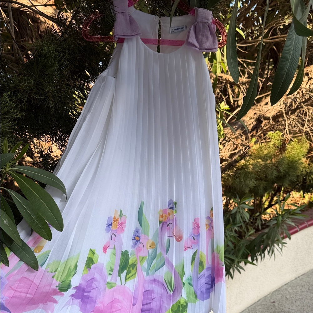 Mayoral White Pleated Dress with Pink & Purple Floral Print